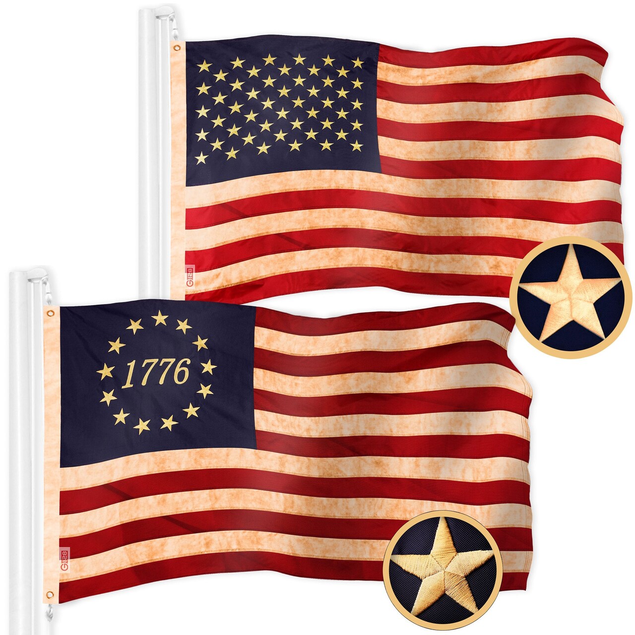 G128 Combo Pack: American USA Tea-Stained Flag 2x3 Ft & 1776 Tea-Stained Flag 2x3 Ft | Both ToughWeave Pro Series Embroidered 420D Polyester, Embroidered Design, Indoor/Outdoor, Brass Grommets